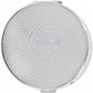 Brighton round compact with woven texture pattern and engraved heart emblem centered on lid on a white background