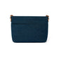 Brighton blue denim handbag shown from the back with exterior pocket and leather strap loops on a white background