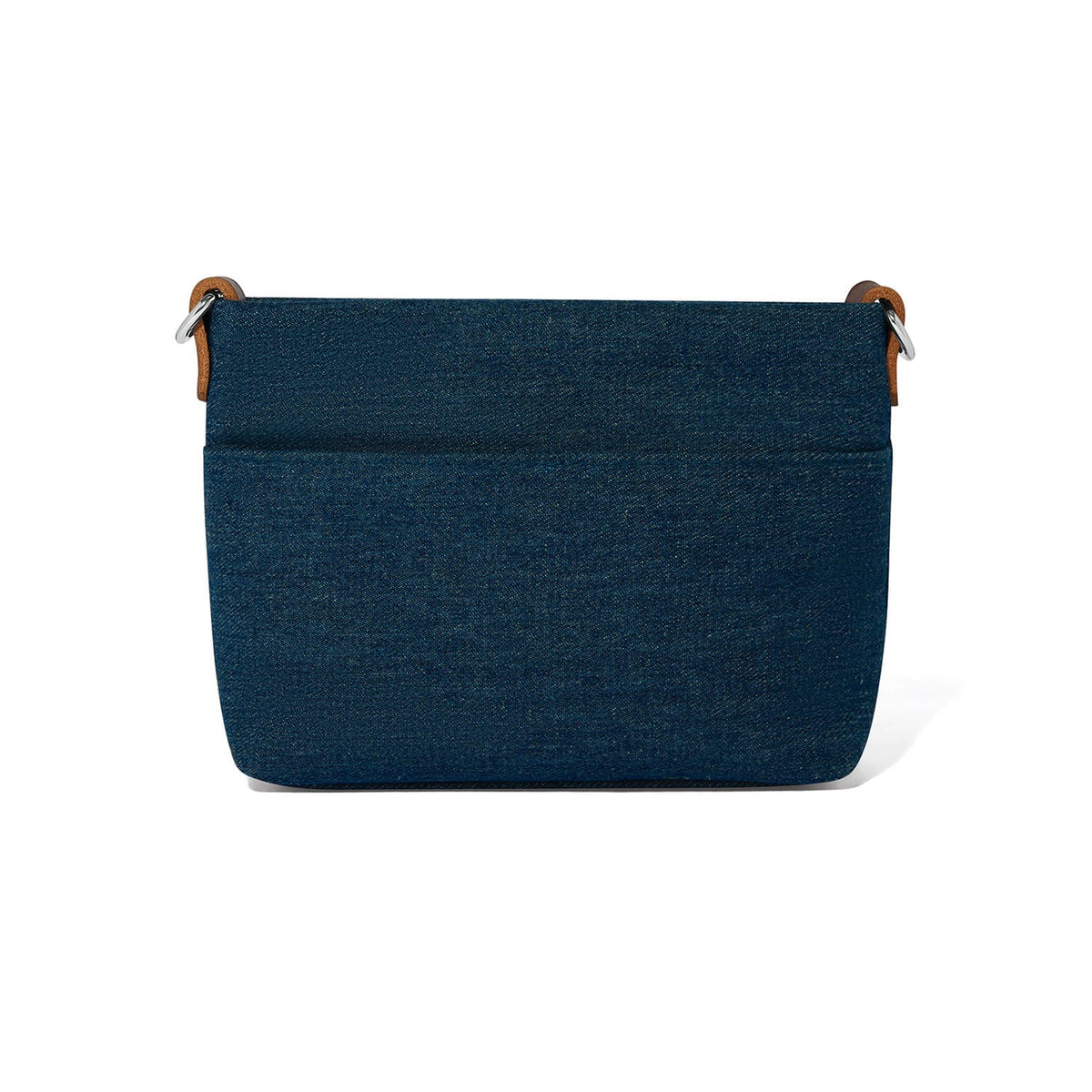 Brighton blue denim handbag shown from the back with exterior pocket and leather strap loops on a white background