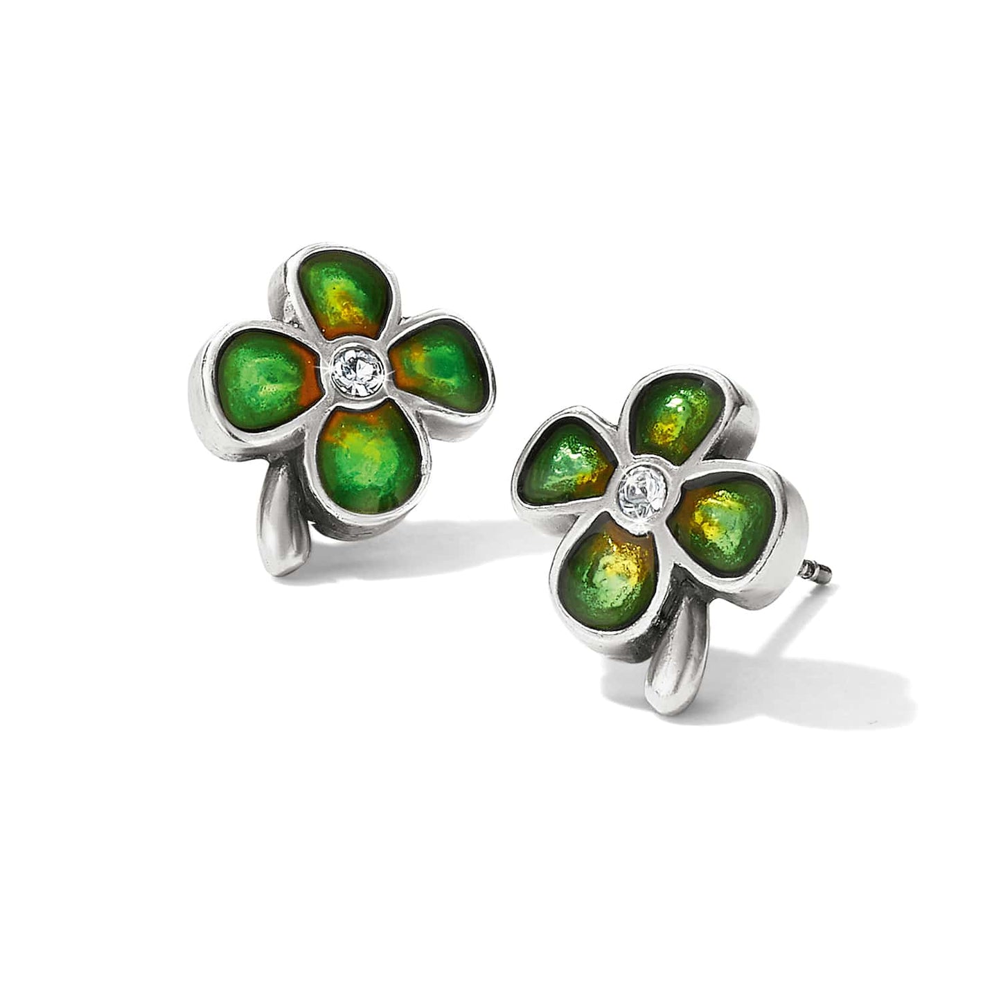 Brighton stud earrings with green enamel flower petals, crystal centers, and silver-plated finish on a white background