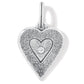 Brighton heart charm with silver-plated textured finish, raised inner heart, and center crystal accent on a white background