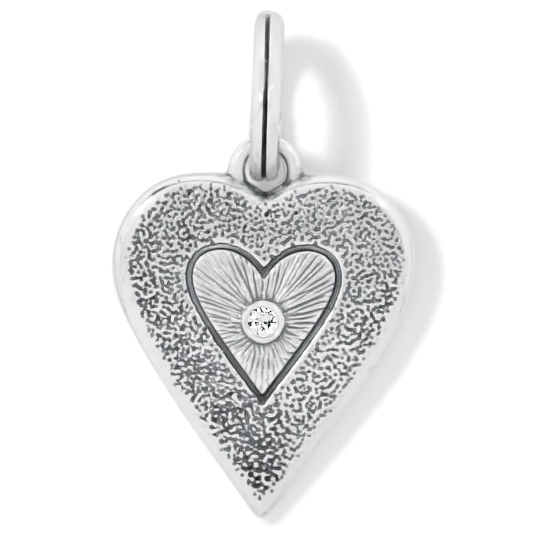 Brighton heart charm with silver-plated textured finish, raised inner heart, and center crystal accent on a white background
