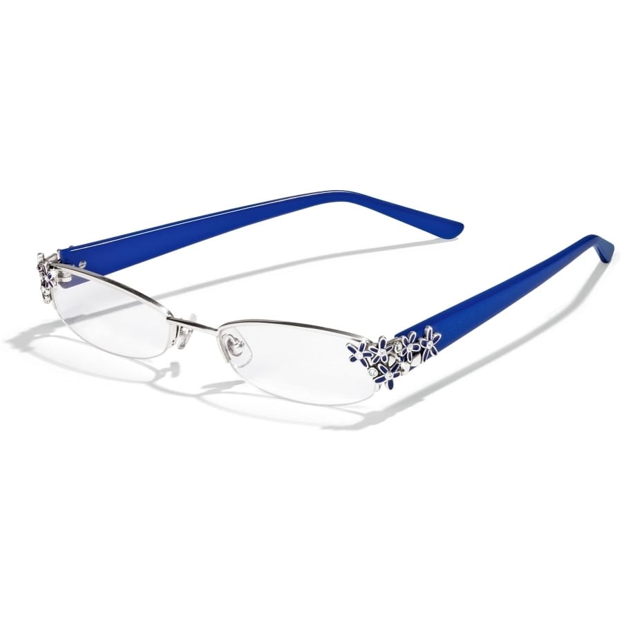 Brighton reading glasses with silver-tone half-rim frame, blue temples, and floral crystal accents on a white background