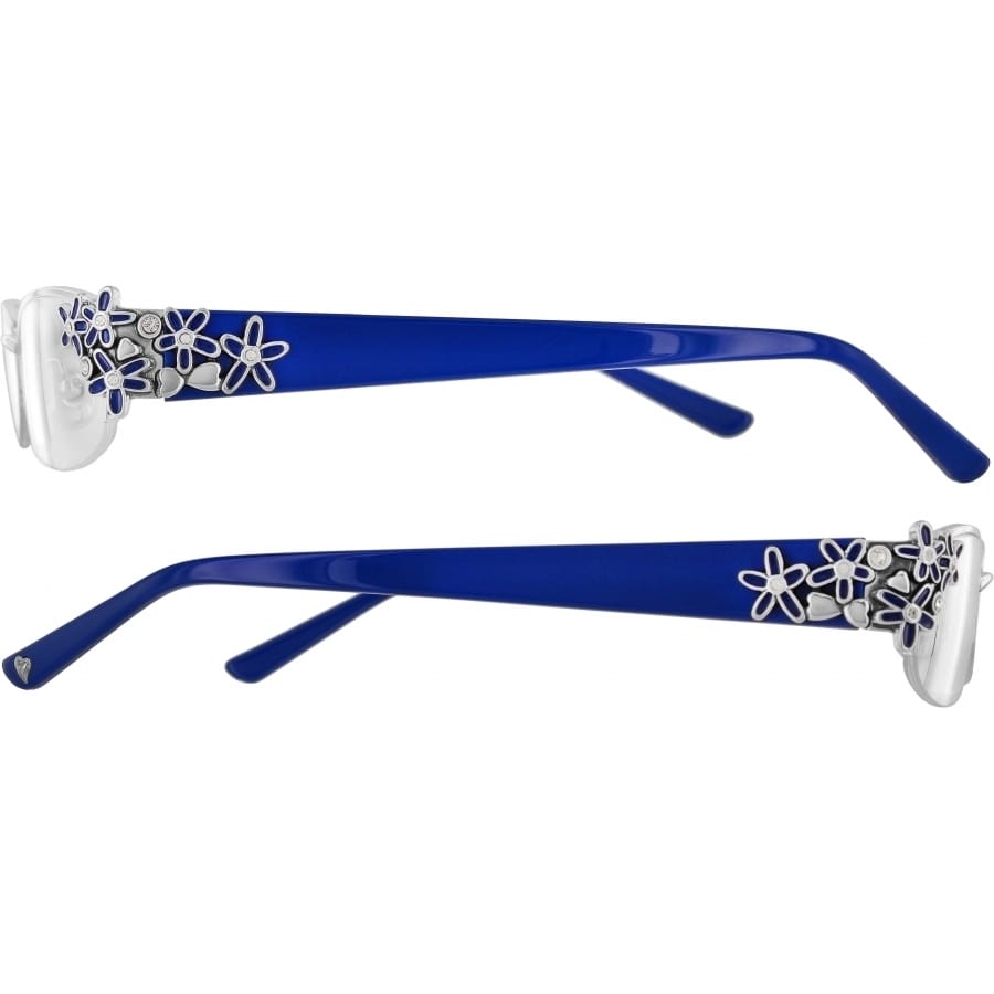 Brighton eyeglass frames with blue temples and silver-tone floral accents shown from both sides on a white background