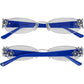 Brighton semi-rimless reading glasses with blue temples and silver-tone floral accents shown from two angles on a white background