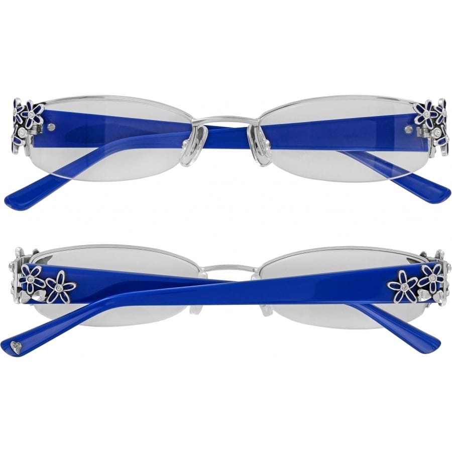 Brighton semi-rimless reading glasses with blue temples and silver-tone floral accents shown from two angles on a white background