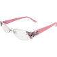 Brighton eyeglass frames with pink temples, silver-tone half-rim, and pink flower accents with crystals on a white background