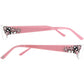 Brighton pink reading glasses with floral and crystal embellishments on temples, shown from two side angles on a white background