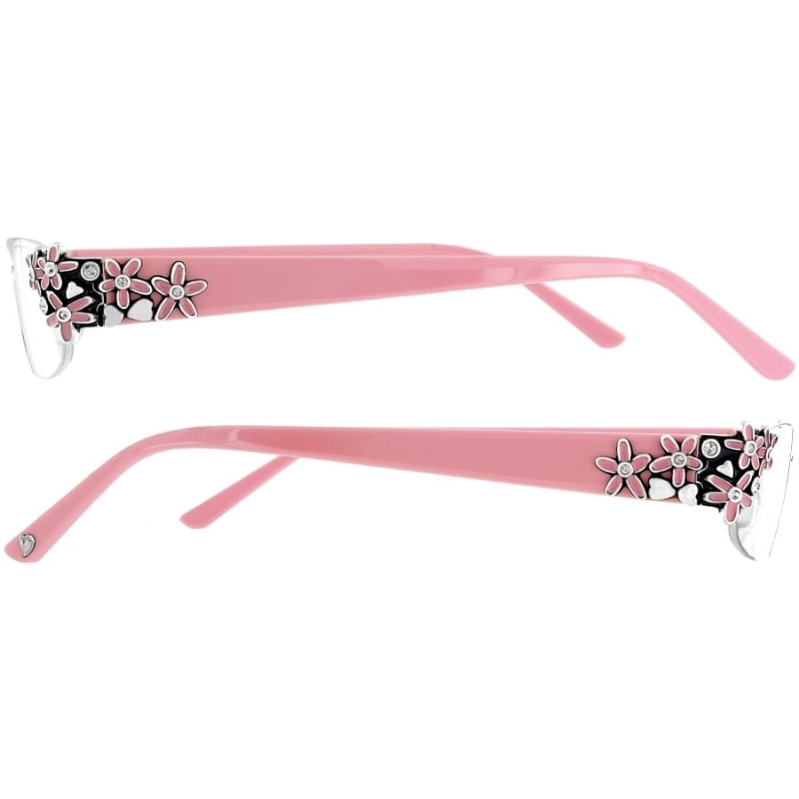 Brighton pink reading glasses with floral and crystal embellishments on temples, shown from two side angles on a white background