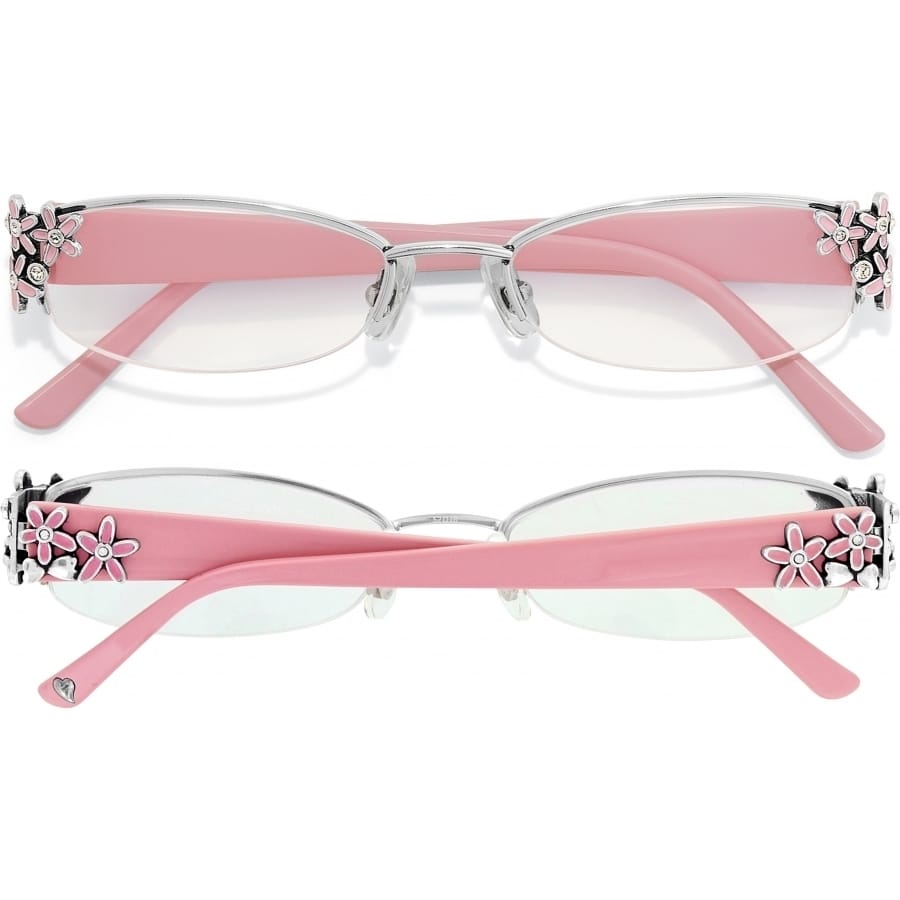 Brighton pink reading glasses with silver-tone frames and floral crystal accents shown from two angles on a white background