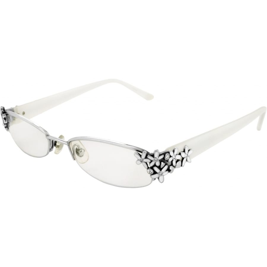 Brighton eyeglasses with white temples, silver-tone half-rim frames, and floral crystal accents at corners on a white background
