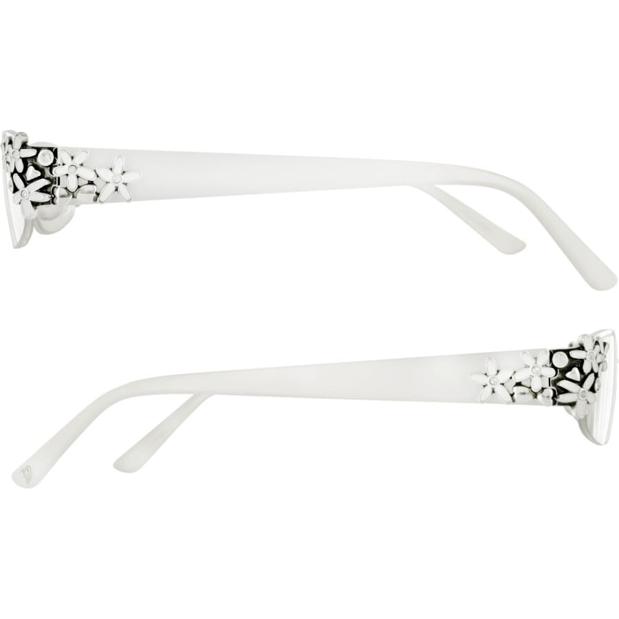 Brighton eyeglass frames side view in white with silver-tone floral accents at temples on a white background