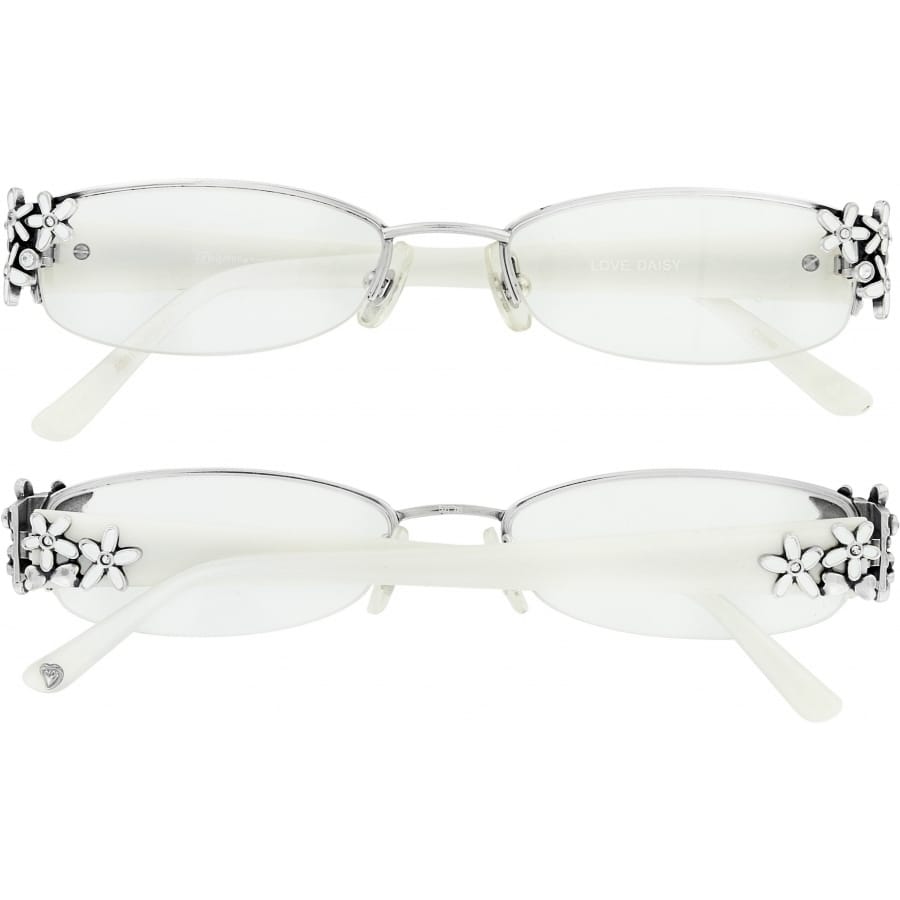 Brighton sunglasses with silver-tone frames, white temples, and floral accents shown from two angles on a white background