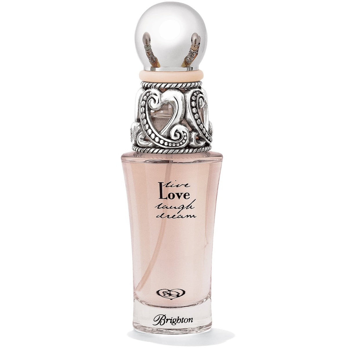 Brighton perfume bottle with pink liquid, ornate silver-tone scrollwork collar, and rounded cap on a white background