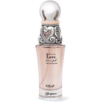 Brighton perfume bottle with pink liquid, ornate silver-tone scrollwork collar, and rounded cap on a white background