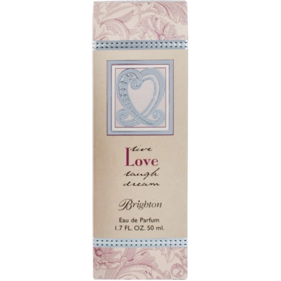 Brighton Eau de Parfum box with silver heart emblem, floral border, and Live Love Laugh Dream script on a white background