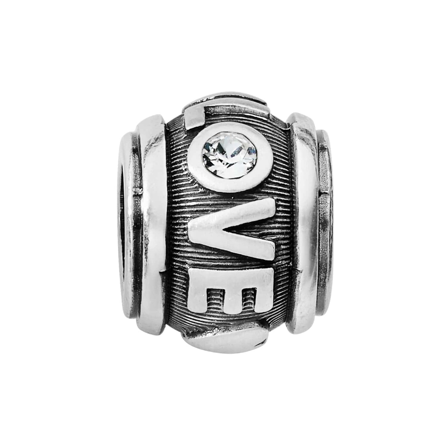 Brighton silver-plated charm bead with LOVE lettering, crystal accent, and ribbed texture on a white background