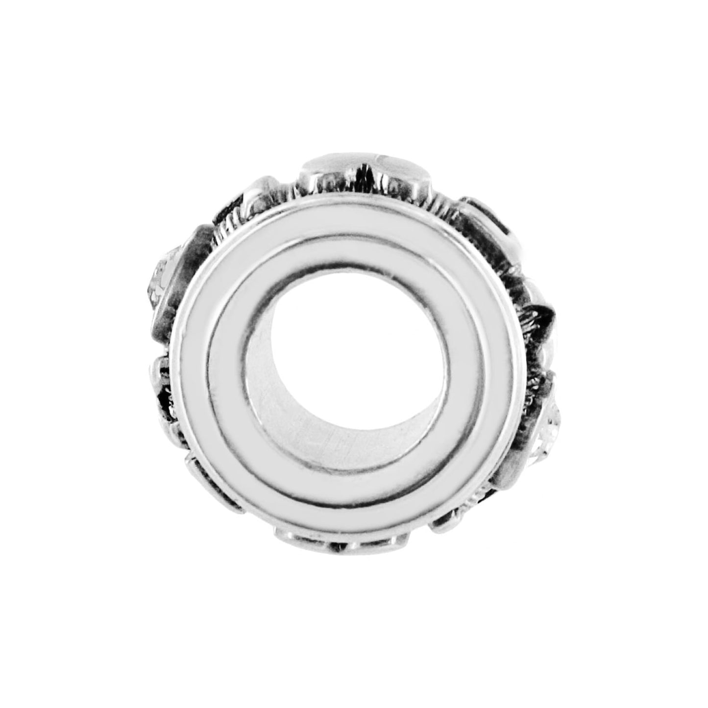Brighton silver-plated charm shown from the side with decorative edge detailing and open center on a white background