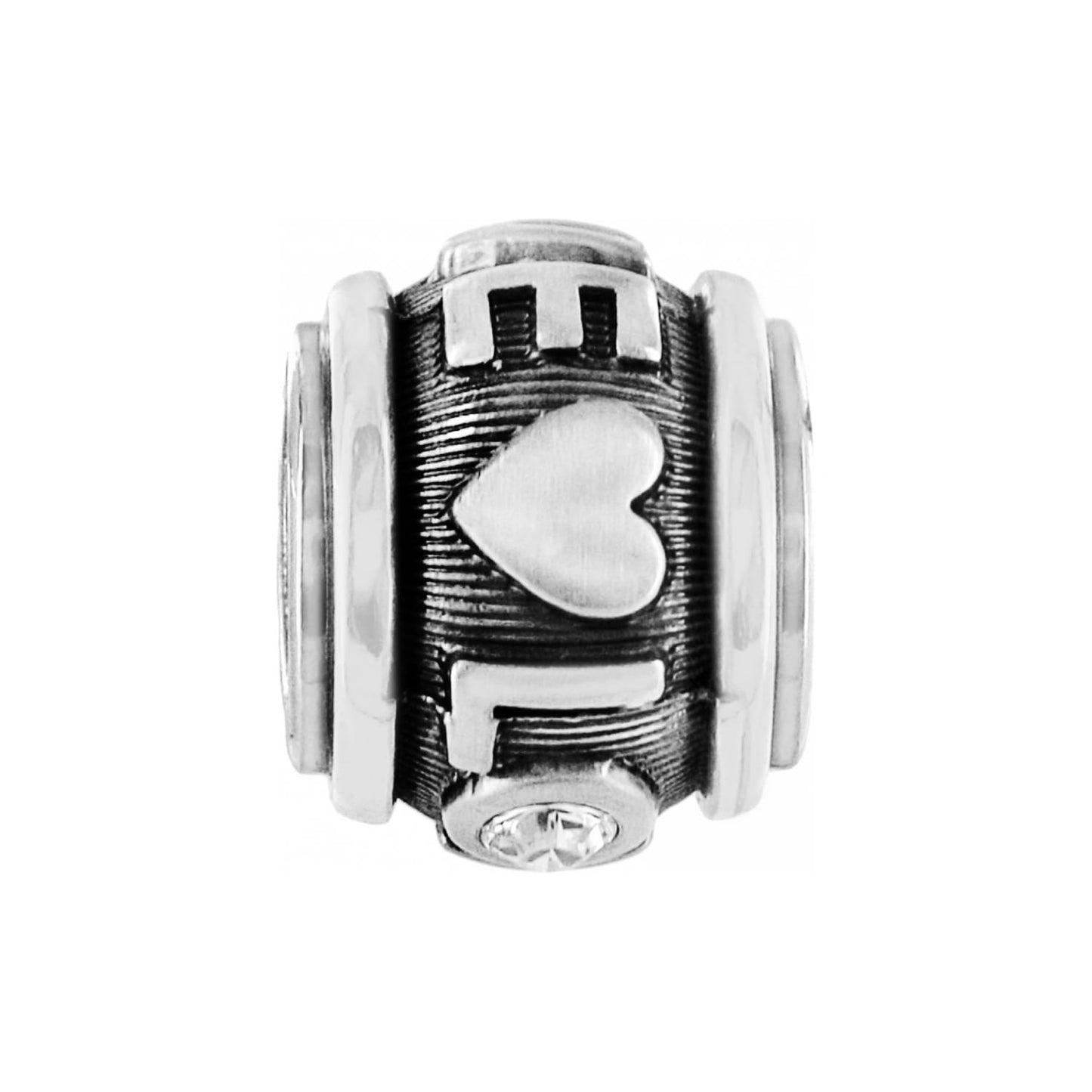 Brighton silver-plated charm bead with raised heart motif, textured detailing, and crystal accent on a white background
