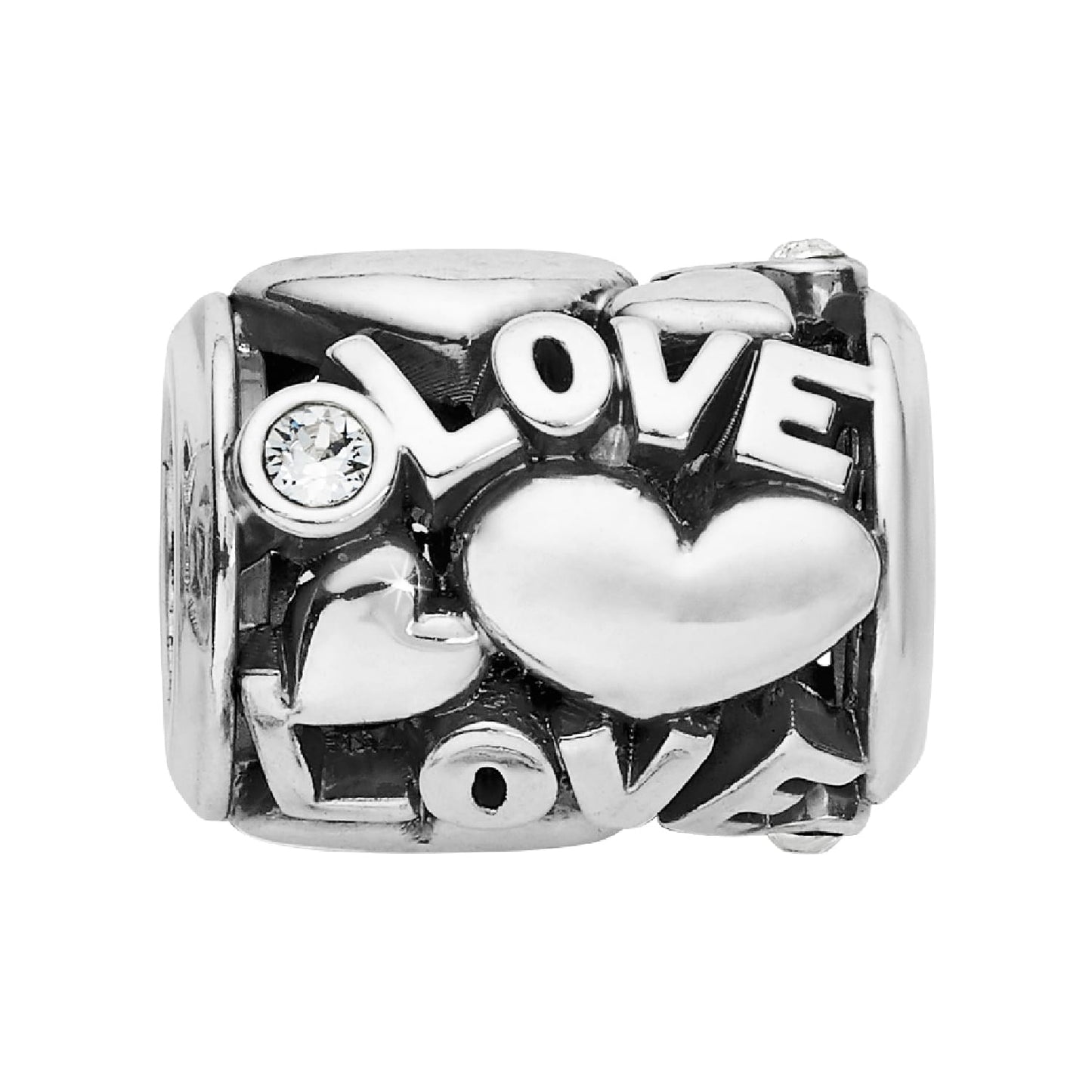 Brighton charm bead with silver-plated LOVE lettering, raised hearts, and crystal accents on a white background