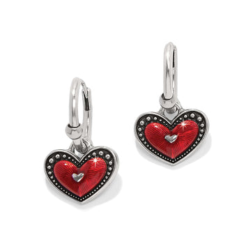 Brighton heart drop earrings with red enamel centers, silver-plated beaded frames, and hoop tops on a white background