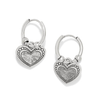 Brighton hoop earrings with silver-plated heart charms featuring beaded borders and textured centers on a white background