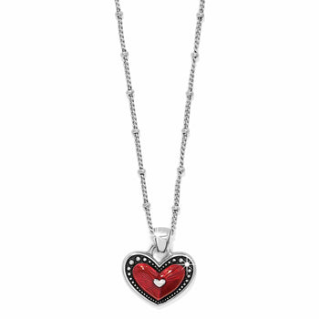 Brighton heart pendant necklace with red enamel center and silver-plated beaded chain on a white background