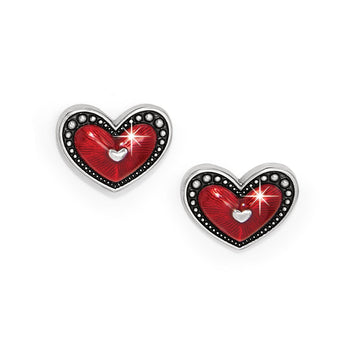 Brighton heart stud earrings with red enamel centers and silver-plated beaded borders on a white background