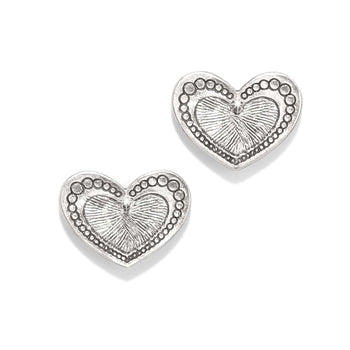Brighton silver-plated heart stud earrings with beaded border and textured center detail on a white background