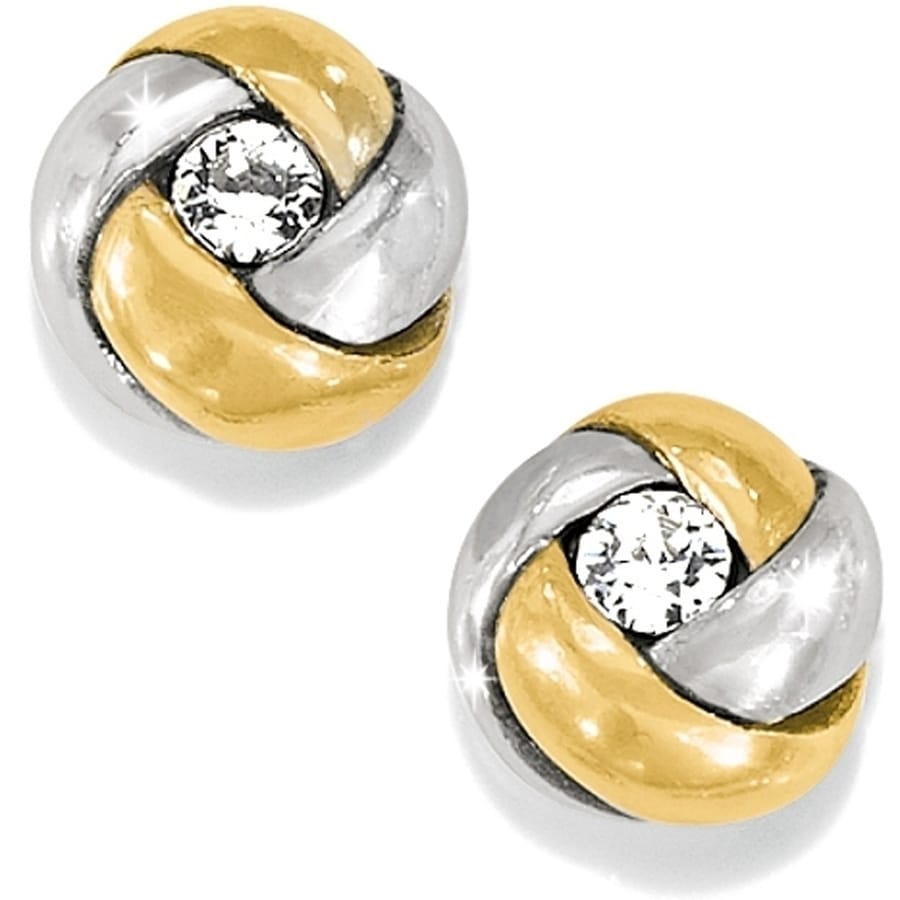 Brighton stud earrings with silver-plated and gold-tone knot design centered with crystal accents on a white background