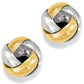 Brighton stud earrings with silver-plated and gold-tone interwoven knot design on a white background