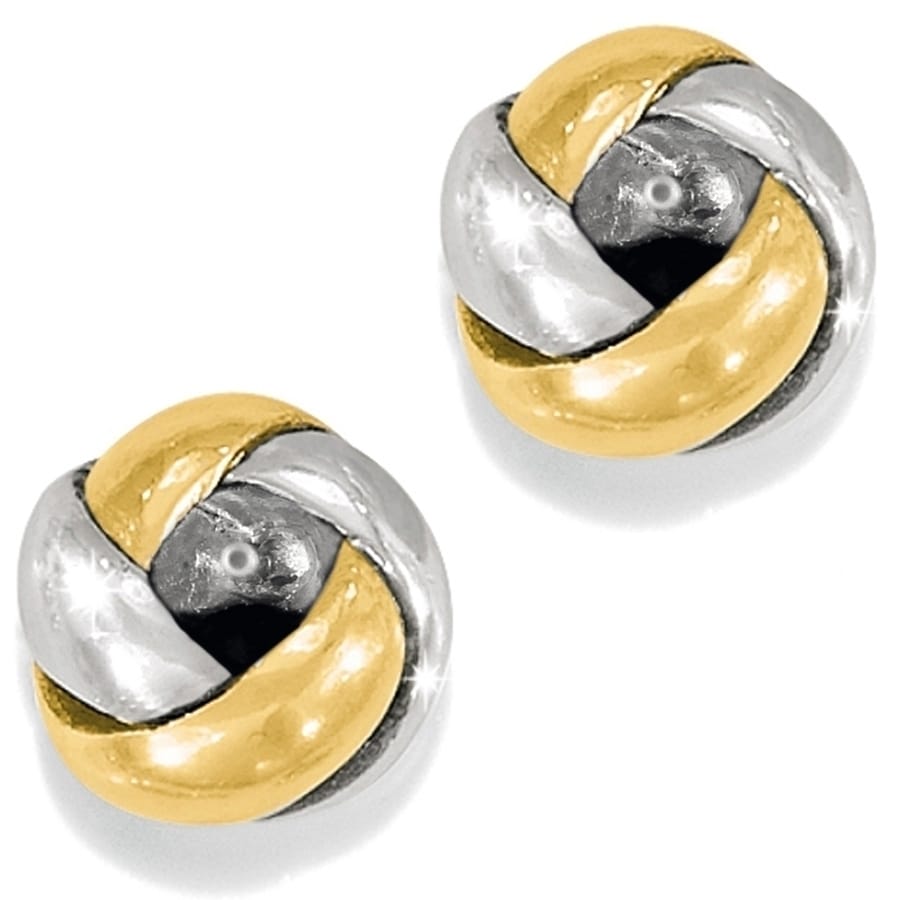 Brighton stud earrings with silver-plated and gold-tone interwoven knot design on a white background
