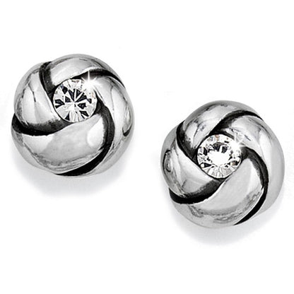 Brighton stud earrings with silver-plated swirl knot design and center crystal accents on a white background
