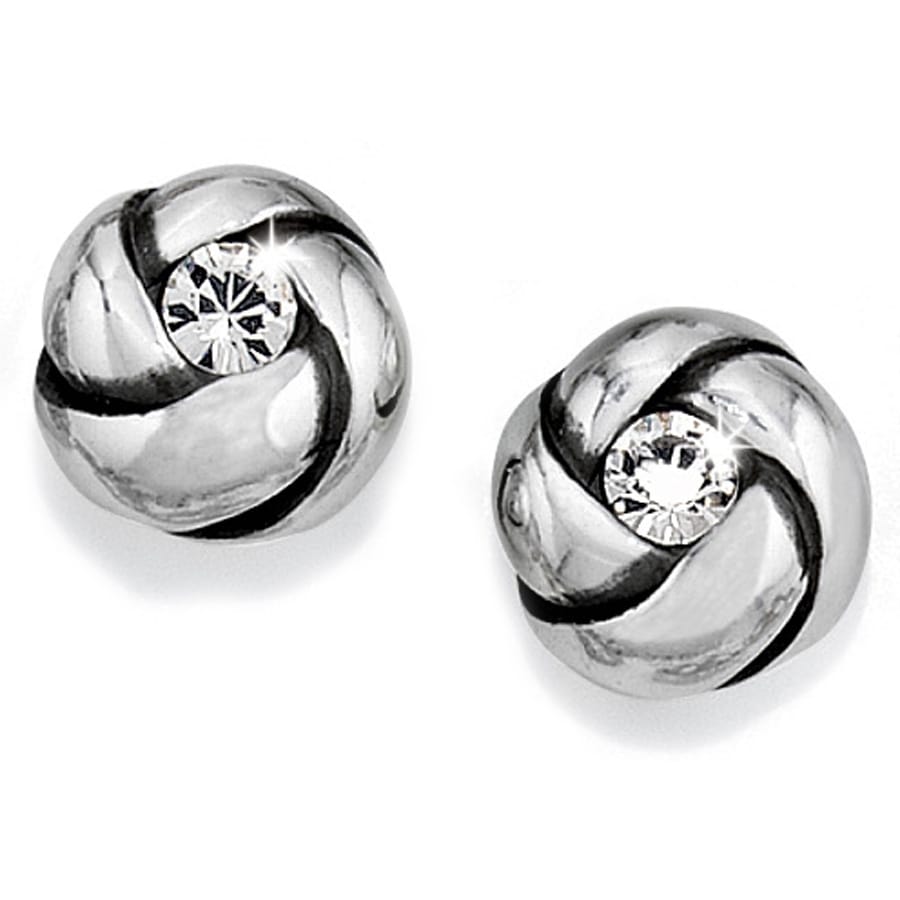Brighton stud earrings with silver-plated swirl knot design and center crystal accents on a white background