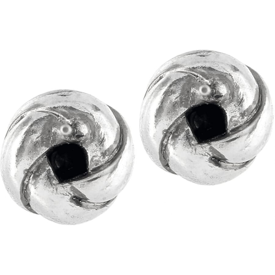 Brighton stud earrings with silver-plated knotted swirl design and post backs on a white background