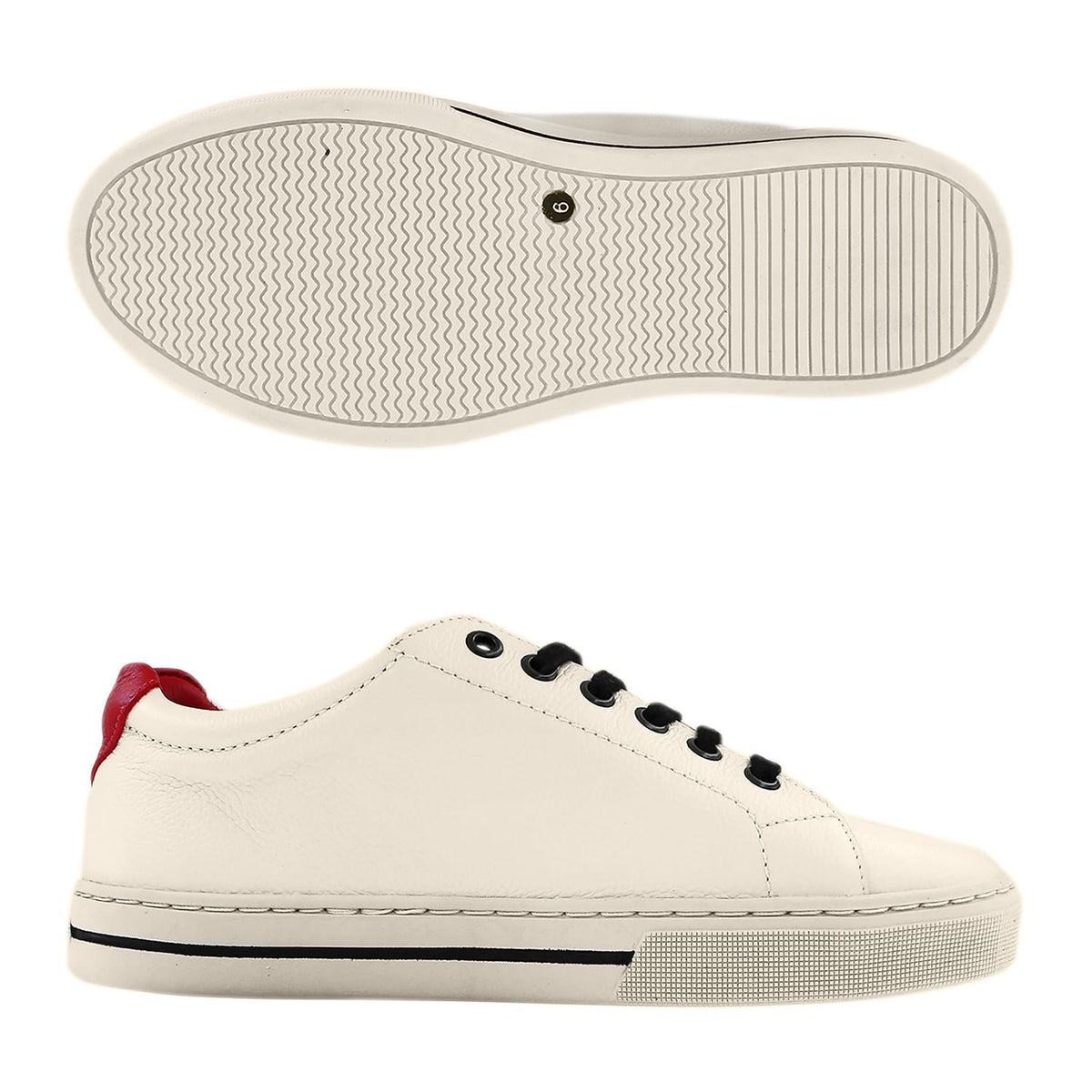 Brighton white leather sneakers with black laces, red heel accent, and patterned rubber sole on a white background