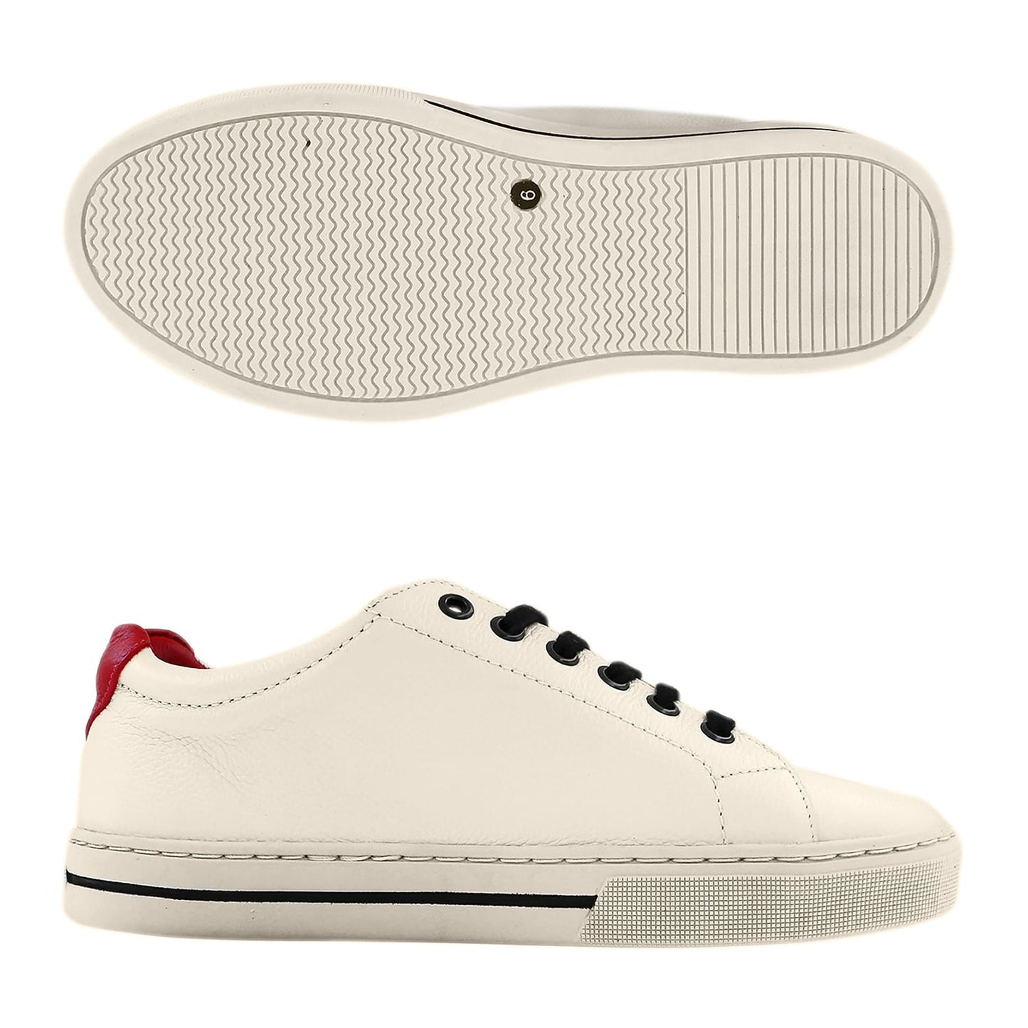 Brighton white leather sneakers with black laces, red heel accent, and patterned rubber sole on a white background