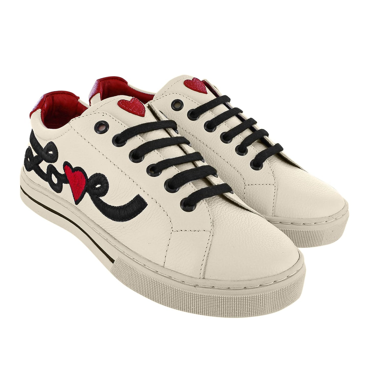 Brighton white leather sneakers with black Love embroidery, red heart accents, and black laces on a white background