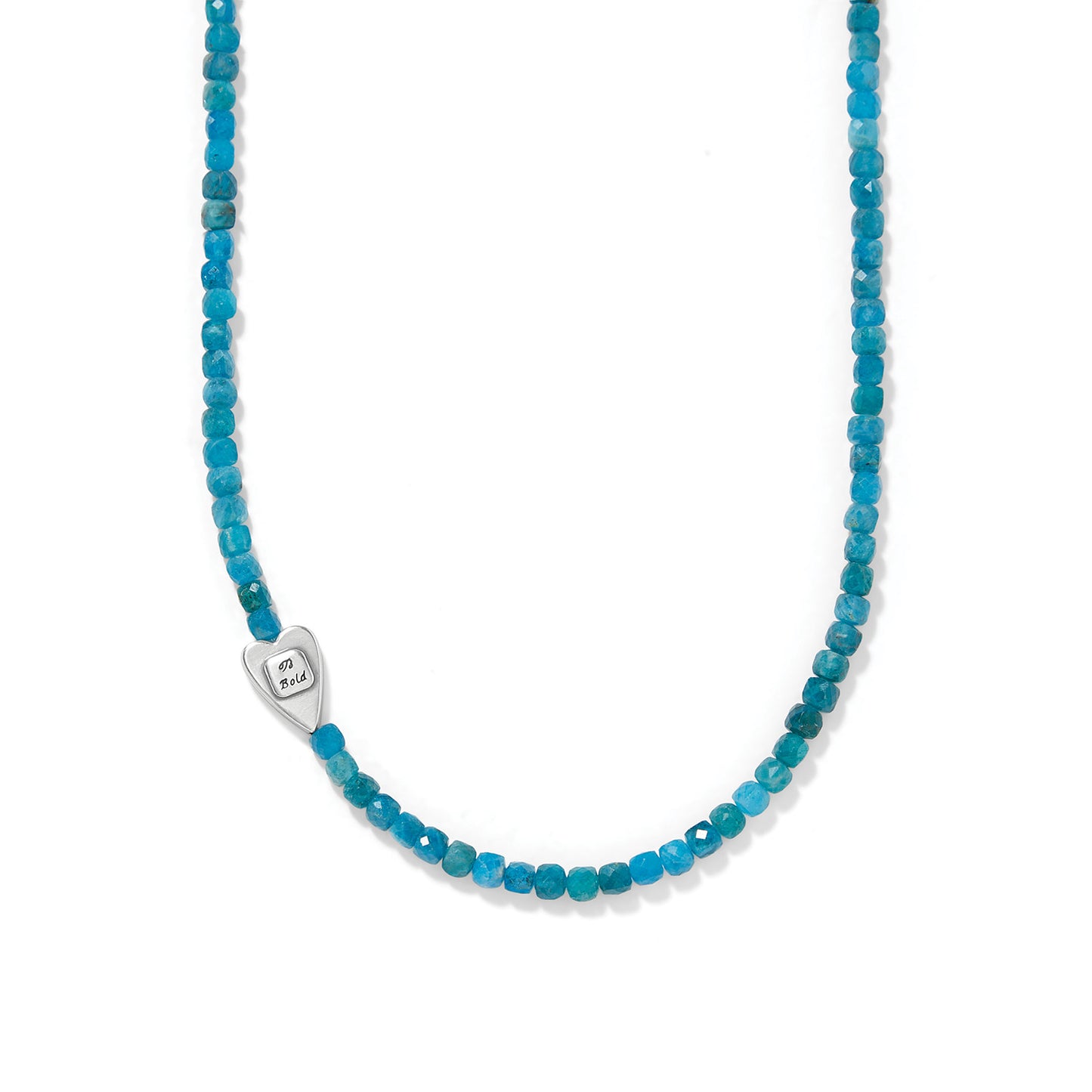 Brighton beaded necklace with natural dark blue apatite beads and silver-plated heart accent on a white background