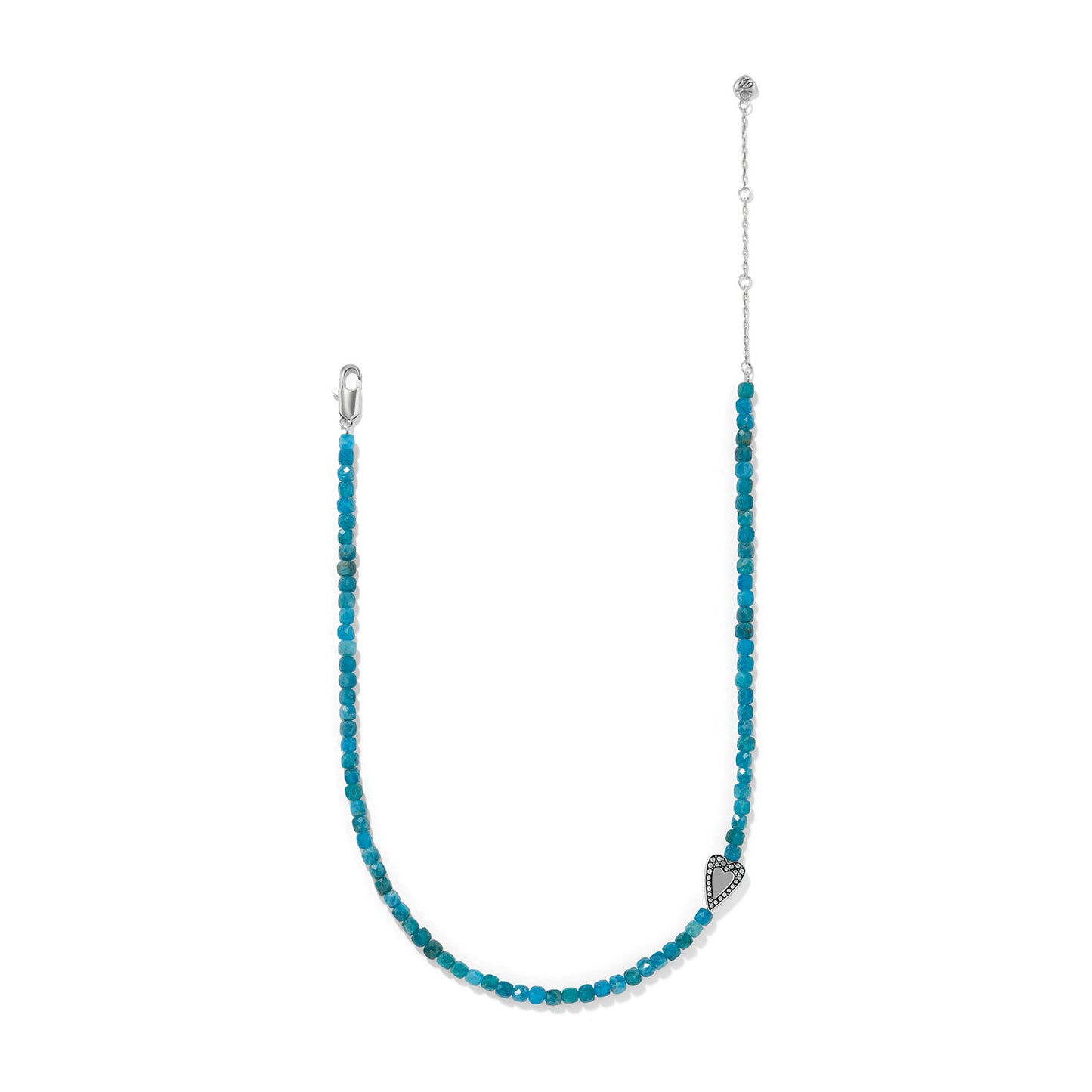 Brighton beaded necklace with natural dark blue apatite stones, silver-plated clasp, and heart accent on a white background