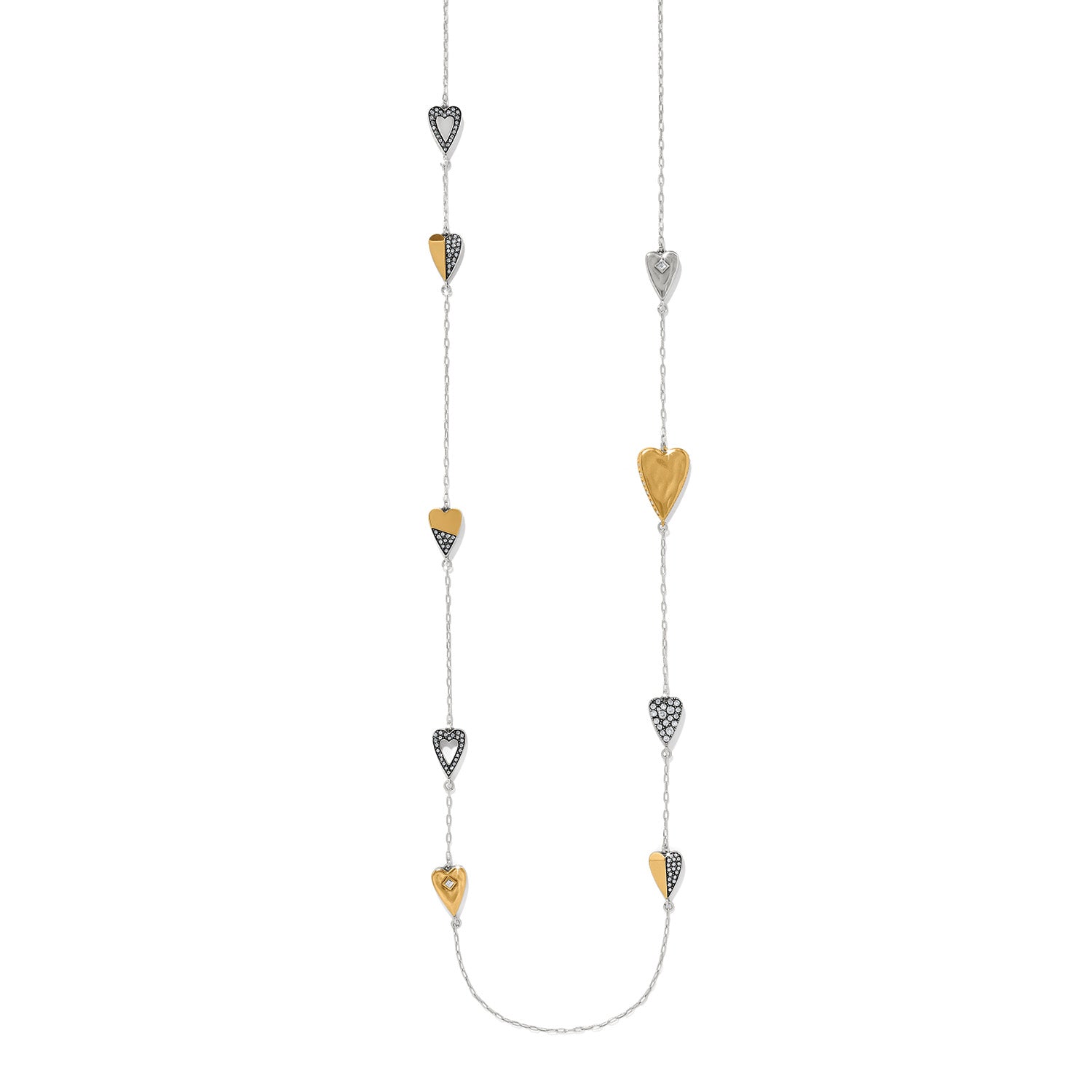 Brighton long station necklace with two-tone heart charms and crystal accents on a white background