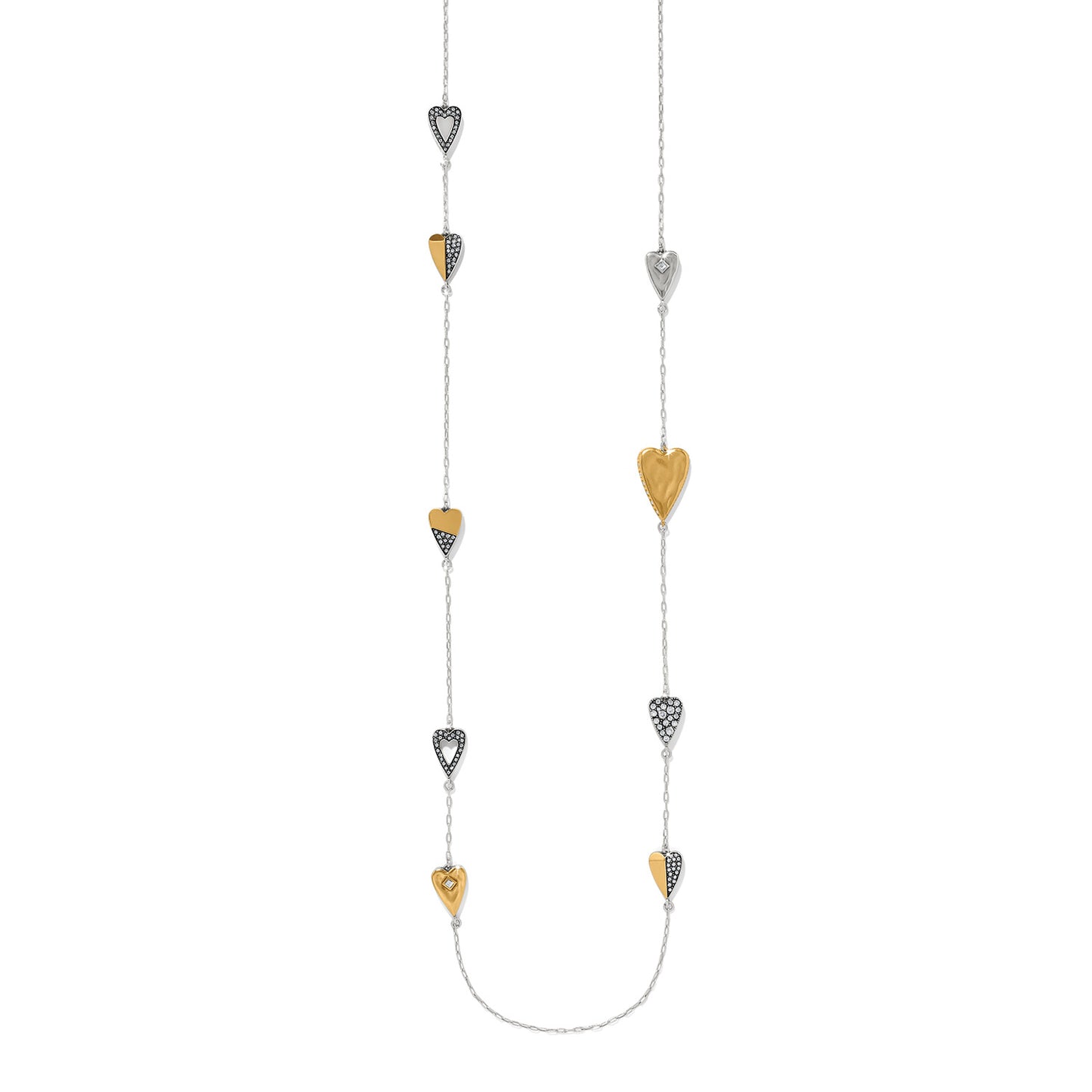 Brighton long station necklace with two-tone heart charms and crystal accents on a white background