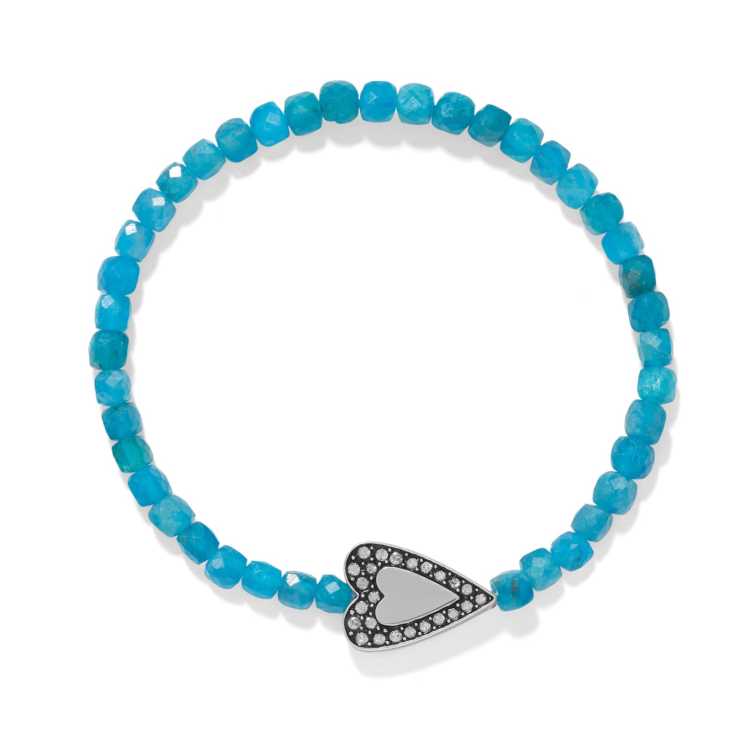 Brighton beaded bracelet with faceted turquoise stones and silver-plated heart charm with crystal accents on a white background