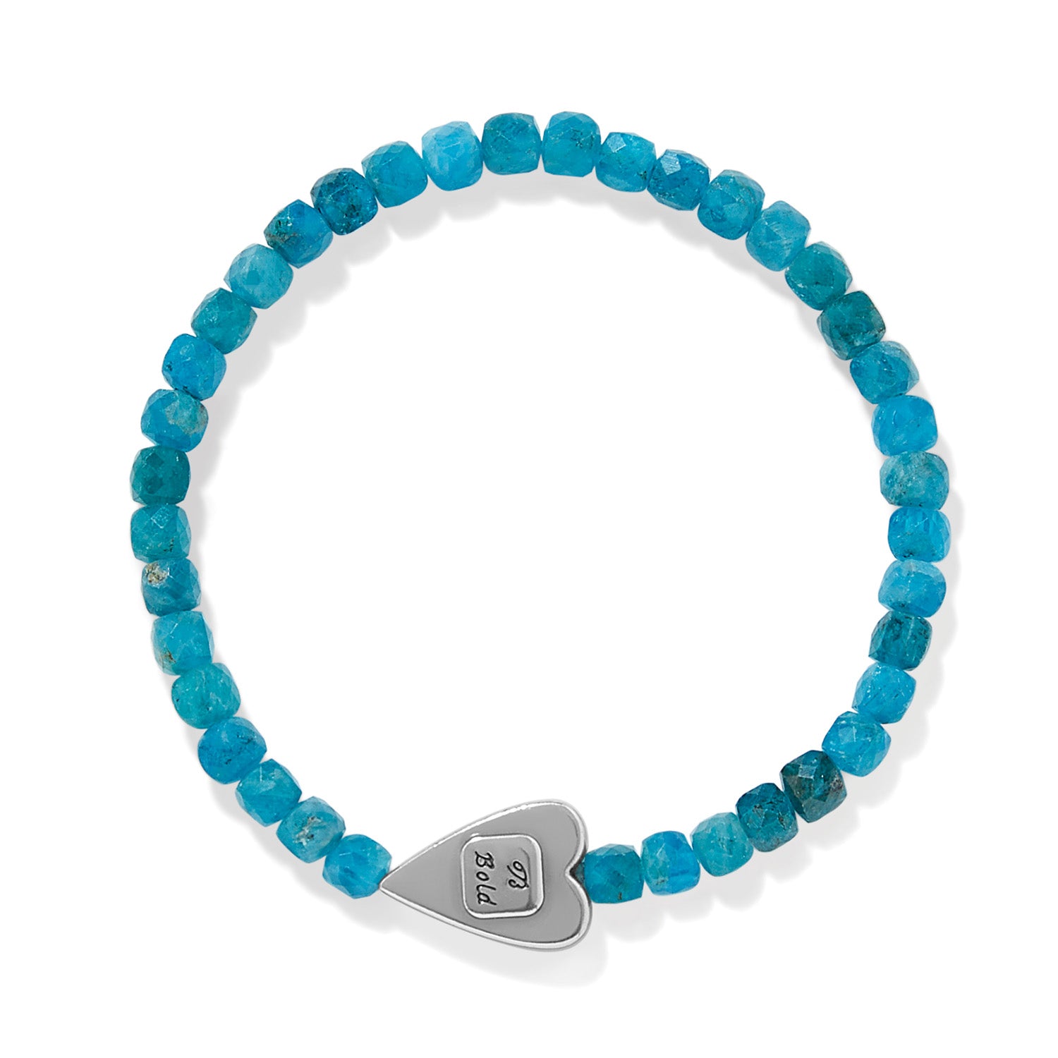 Brighton beaded bracelet with faceted teal apatite stones and silver-plated heart accent on a white background