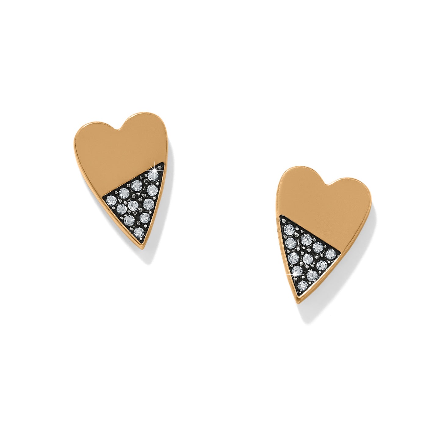 Brighton stud earrings with gold-tone heart shape and crystal-accented lower section in two-tone finish on a white background