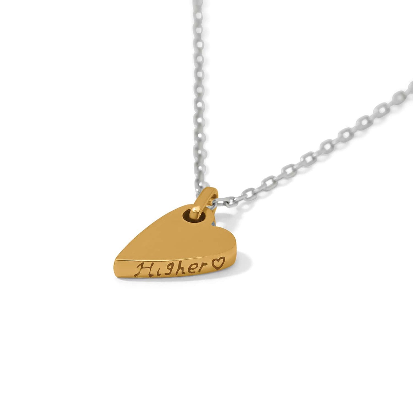 Brighton pendant necklace with two-tone gold heart charm engraved Higher and silver chain on a white background