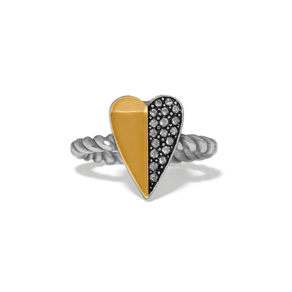 Brighton ring with two-tone heart featuring gold half and crystal pavé half on twisted silver-tone band on a white background