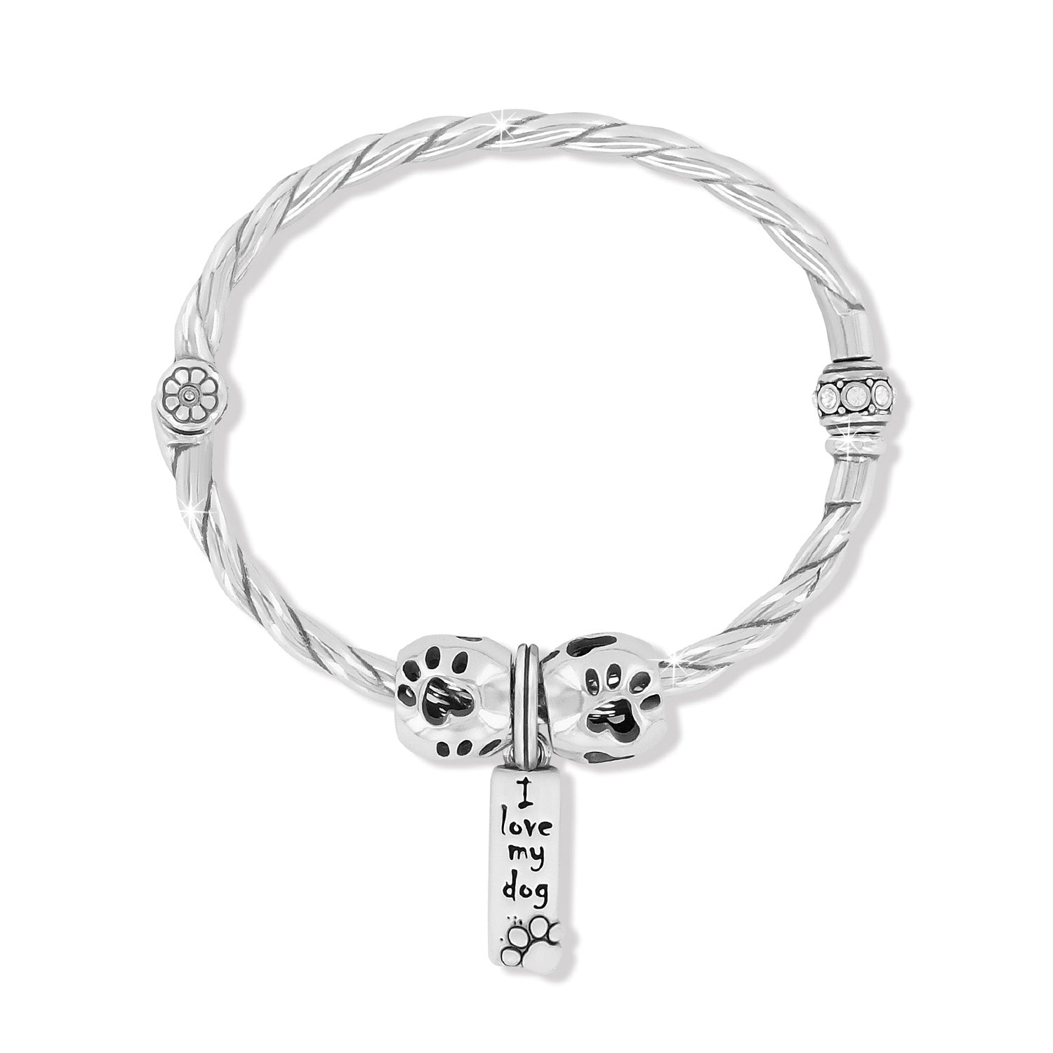 Brighton silver-plated twisted bangle bracelet with enamel paw print charms and I love my dog tag on a white background