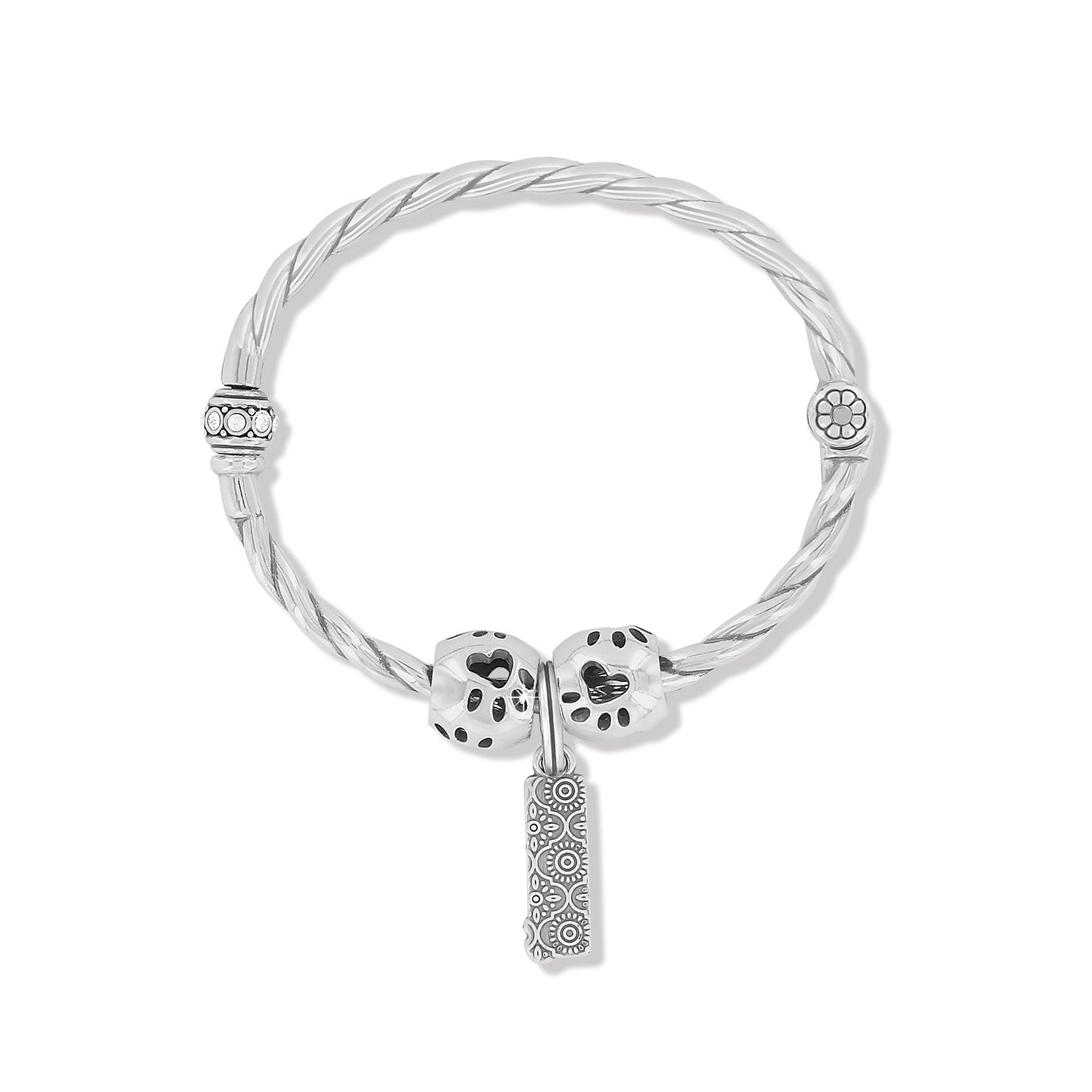 Brighton silver-plated twisted bangle bracelet with beaded charms and engraved rectangular pendant on a white background