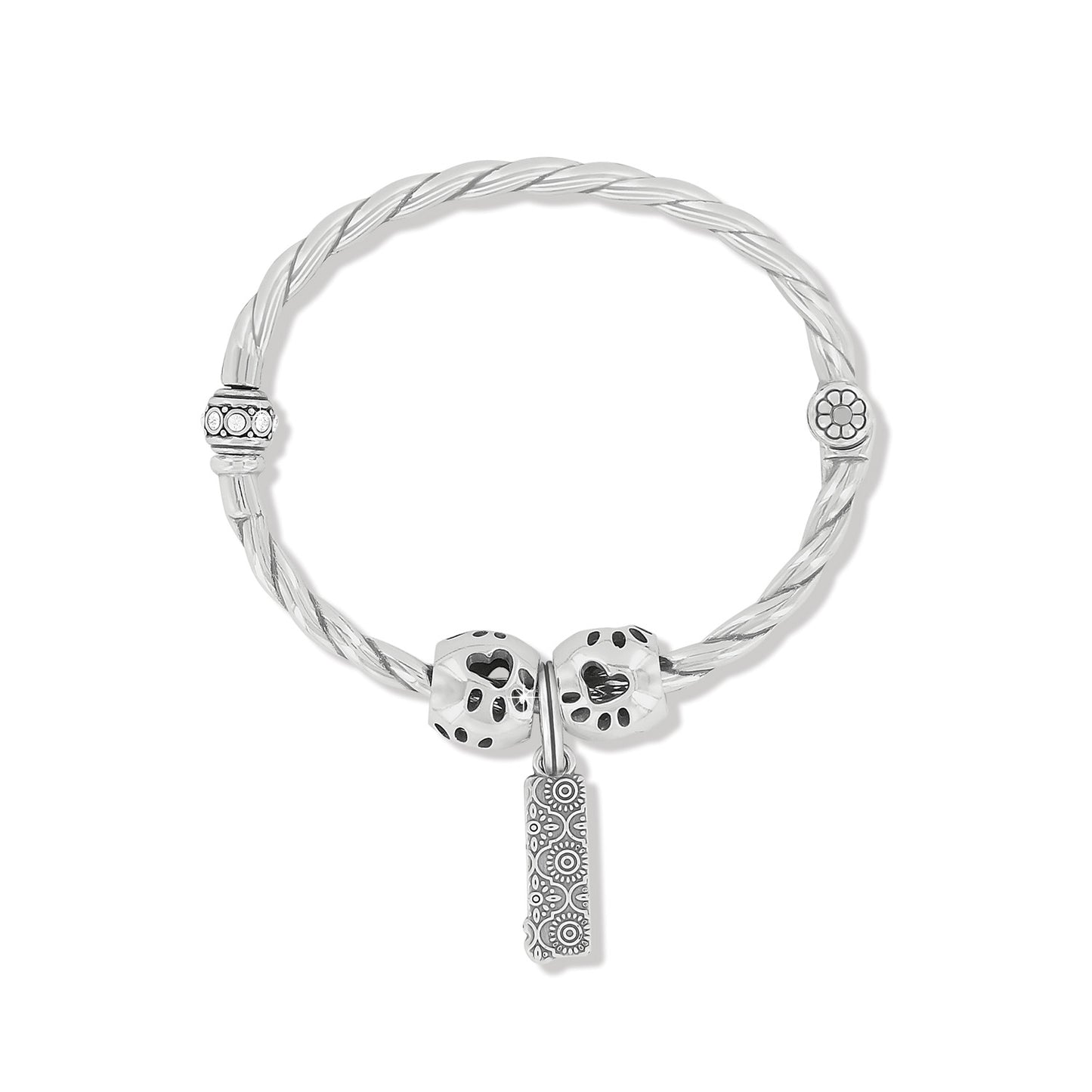Brighton silver-plated twisted bangle bracelet with beaded charms and engraved rectangular pendant on a white background